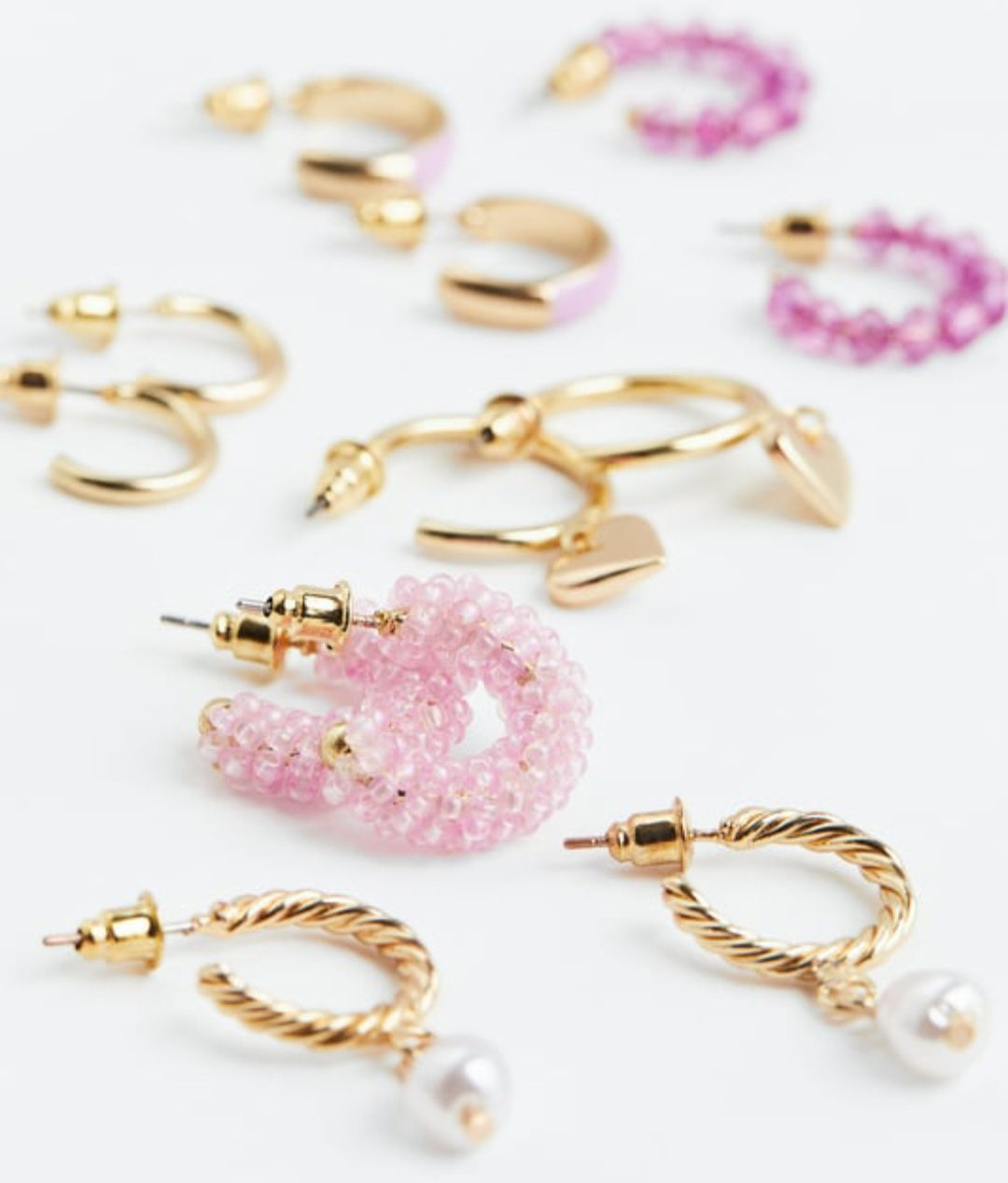 6 pairs Pink and Gold hoop earrings